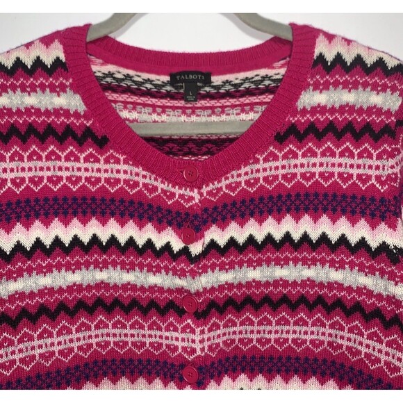 Talbots Fair Isle Lambswool Blend Cardigan Sweater Womens L Pink Wht Blk Button - Picture 2 of 7